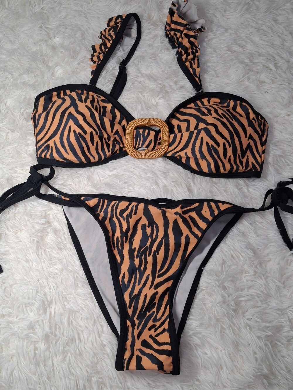 Tiger Print Bikini Set Orange Tan Black Ruffle Trim Embellished Size Small